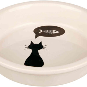 Keramiek eetbakje wit met zwarte kat en vis