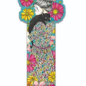 Boekenlegger uitgesneden meisje met zwarte kat en bloemen