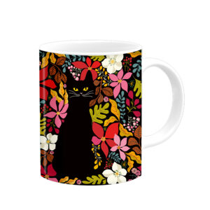 Mok Zwarte kat met bloemen